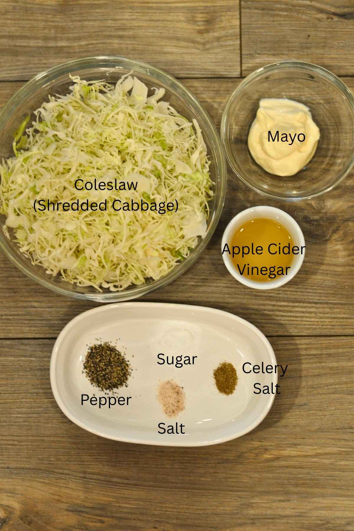 bowl of shredded cabbage, mayo in a glass bowl, apple cider vinegar in a small white ramakin, pepper, salt, celery salt and sugar in white bowl.